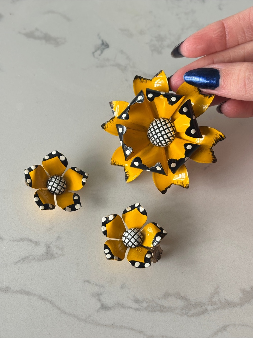Vintage enamel and metal pin and clip on earrings set